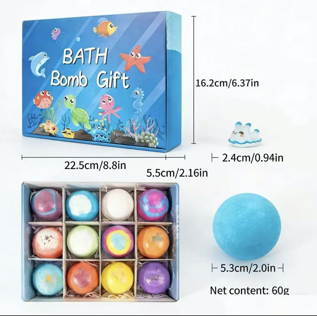 12 Bath Bombs + Surprise Ocean Toys Inside (Gift Box)