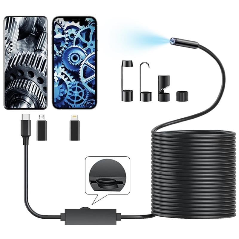16.4ft Endoscope Camera with Light for iPhone and Android, 1920P HD IP67 Waterproof Borescope with 8 Adjustable LED Lights, Semi-Rigid Snake Camera, 7.9mm Black, Diagnostic Tool