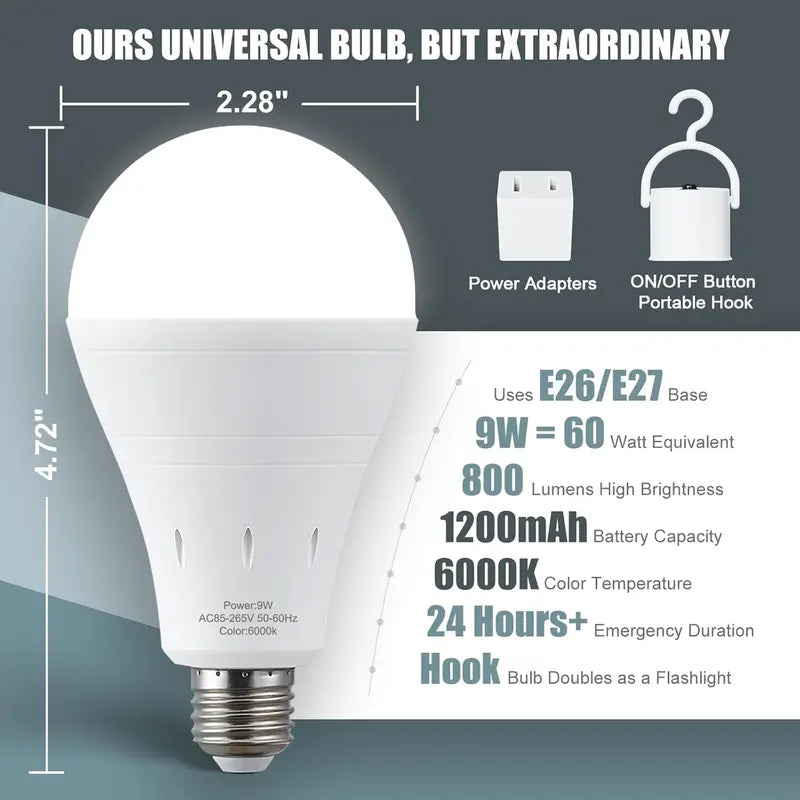Auto-Lighting Emergency LED Bulbs - IP65 Waterproof, 1200mAh, with Hook & 3 Modes - Essential for Camping & Home Emergencies