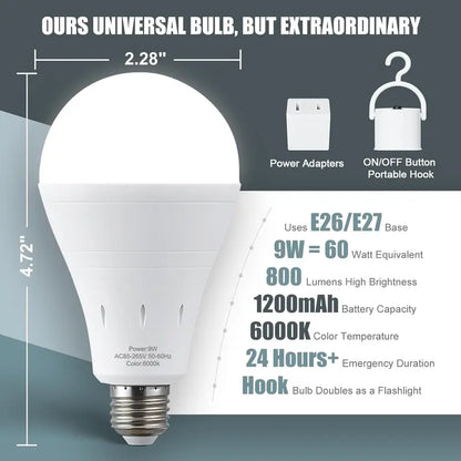 Auto-Lighting Emergency LED Bulbs - IP65 Waterproof, 1200mAh, with Hook & 3 Modes - Essential for Camping & Home Emergencies