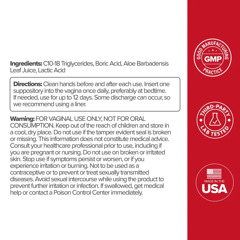 Vaginal Health Suppositories for Women – Boric Acid 600mg, Aloe Infused, Gentle Daily Use, 12 Suppositories, 60-Day Money Back Guarantee