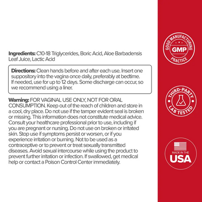 Vaginal Health Suppositories for Women – Boric Acid 600mg, Aloe Infused, Gentle Daily Use, 12 Suppositories, 60-Day Money Back Guarantee
