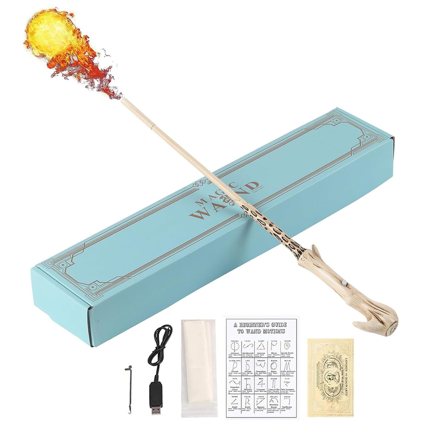 Wizarding Fireball Wand - Realistic Flame Effects, 15.7" Harry Potter Style Magic Wand with Charging Case, Spell Map & Gift Packaging - for Cosplay, Halloween, Collectors