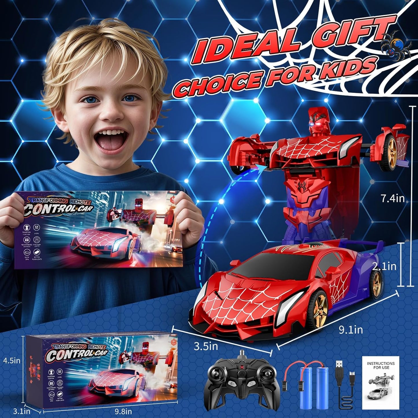 🔥【Cool Spider Transformation RC Car】🔥 One-Button Transformation · Eye & Underbody Lights · 360° High-Speed Rotation! Unleash the Ultimate Mecha Adventure for Boys! 🚗✨🤖