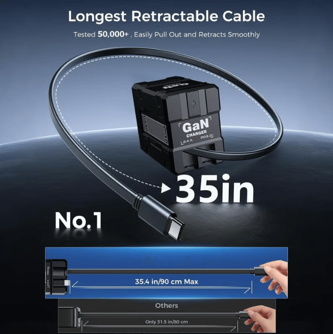 2-in-1 GaN PD3.0 Charger with Retractable Cables（Plug specifications: US standard plug）